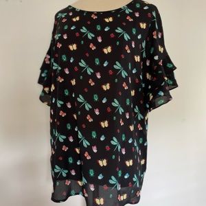 EUC COMO VINTAGE BLACK BUTTERFLY PRINT BLOUSE SZ L